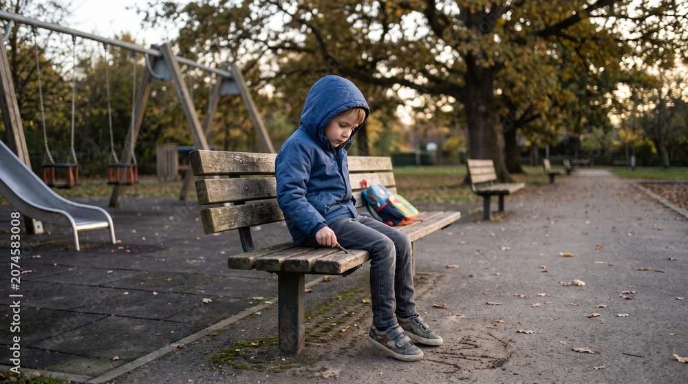 Obraz premium Sad boy sitting alone on a park bench in autumn