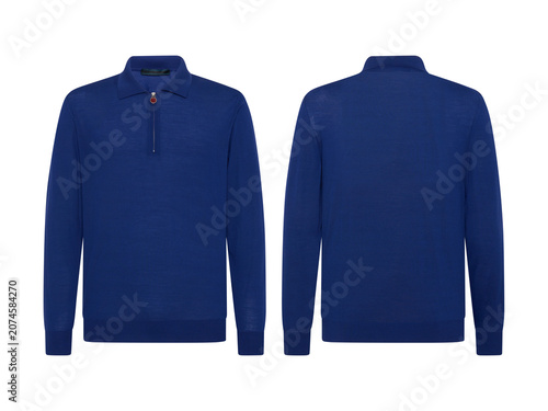 A stylish blue quarter-zip knit sweater, long sleeve sweatshirt mockup front and back view, on transparent background.
