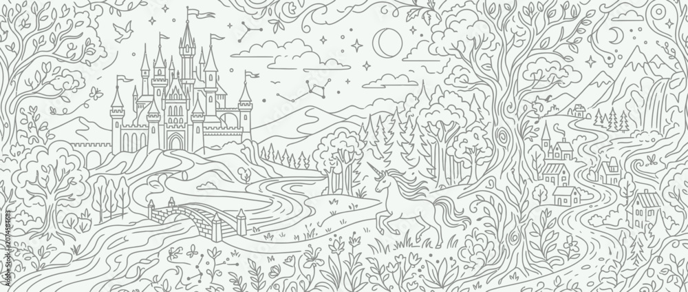 Naklejka premium Fantasy kingdom fairy tale landscape coloring page.