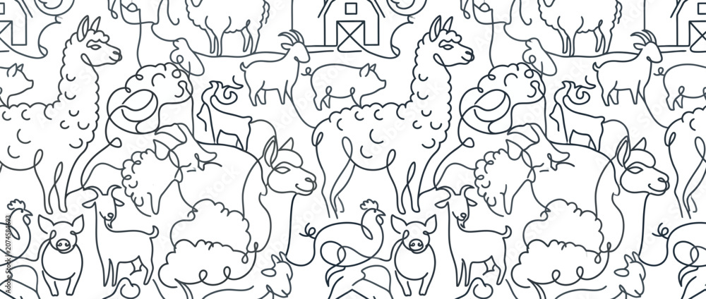 Fototapeta premium Farm animal line art seamless pattern background.