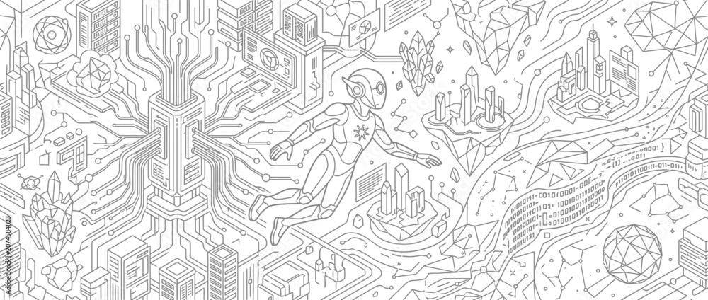 Fototapeta premium Futuristic isometric city line art with robotic technology elements.
