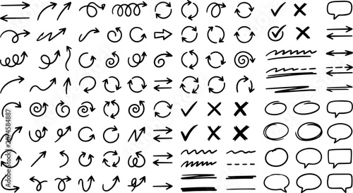 Hand Drawn Annotation Symbols Collection Sketch Arrows, Circular Icons, Speech Bubbles, Check Marks, Scribble Underlines, Highlight Strokes, Minimal Doodle Vector Elements Isolated On White Background
