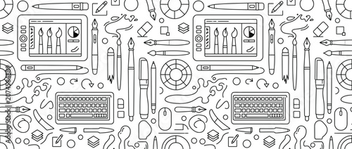 Graphic design tools and digital creative workspace line art.