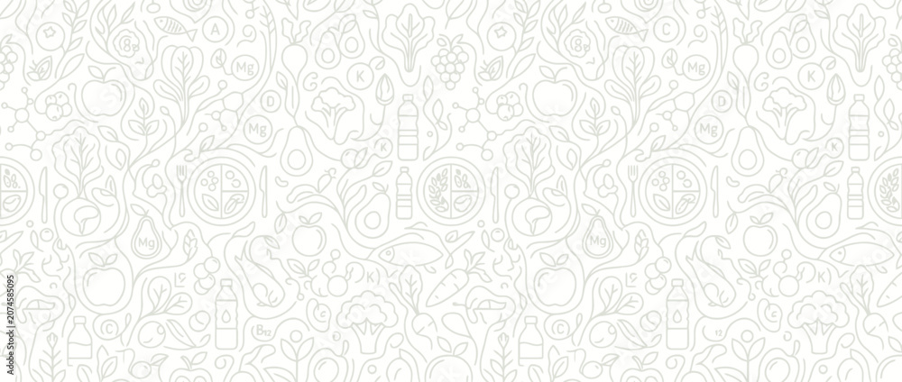 Obraz premium Healthy food and vegetable ingredients thin line art doodle.