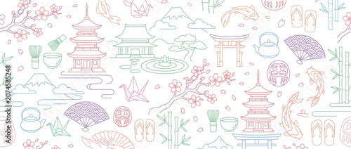 Japanese culture and landmarks color line pattern