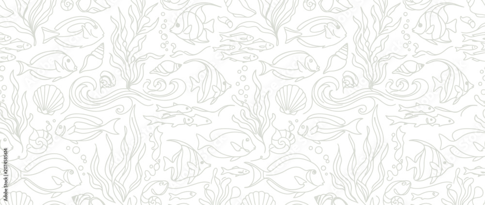 Obraz premium Minimalist monochrome underwater fish and seaweed line art pattern.
