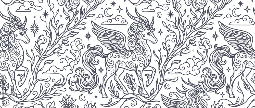 Fototapeta premium Mythical pegasus and unicorn line art floral pattern.