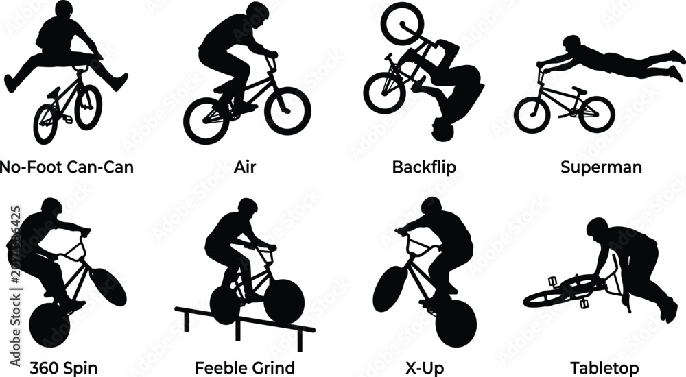 Obraz premium BMX Freestyle Trick Silhouette Collection Featuring Extreme Bicycle Stunts and Skatepark Action Vector Set