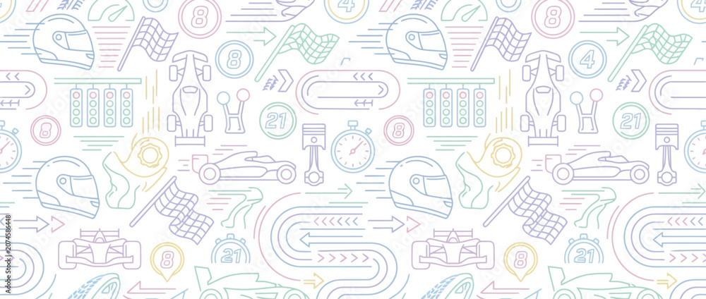 Fototapeta premium Racing icons colorful line art seamless pattern.