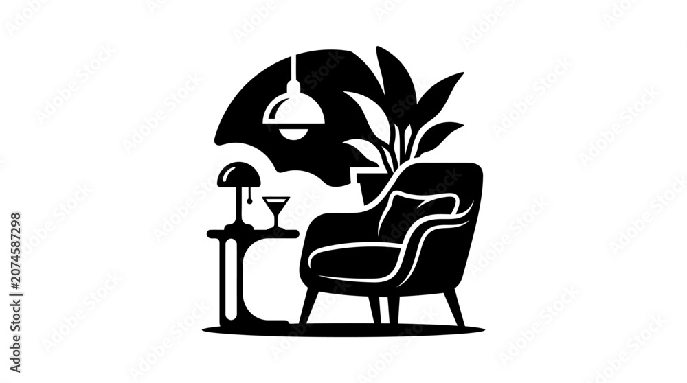 Fototapeta premium Armchair table and plant silhouette against a white background
