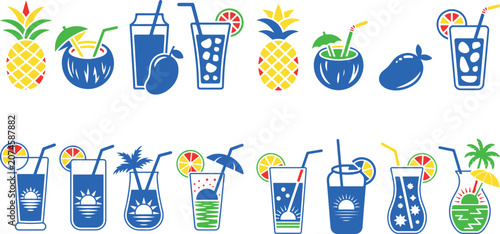 colorful summer vacation tropical drinks and fruits icons