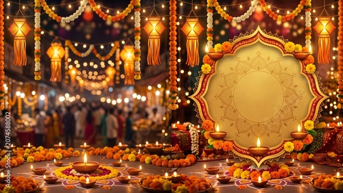 Festive Diwali Background with Empty Ornamental Frame, Traditional Oil Lamps and Marigold Flowers