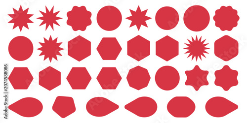 Photos Sale badge icon set featuring red starburst seals,  stickers, splash labels, ros
