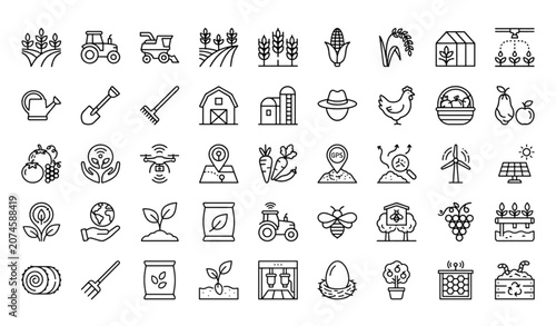 Modern Farming Line Icons Set with Agriculture Tractor Harvest Eco Farming and Smart Agriculture Symbols