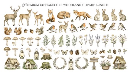 Premium cottagecore woodland clipart bundle with animals and plants