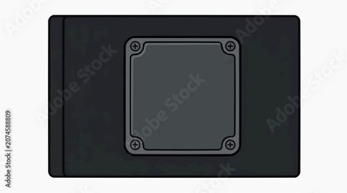 Flat cartoon black rectangular industrial electrical junction box or enclosure with square gray panel cover and corner screws isolated on dark background vector illustration
