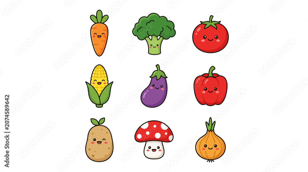 Fototapeta premium Cute Cartoon Vegetable Characters Collection Set.