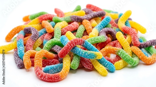 Colorful gummy worms pile sweet candy isolated on white background
