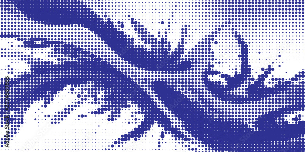 Fototapeta premium Abstract dark blue and white halftone dots pattern background with dynamic swirling and fluid wavy structures.