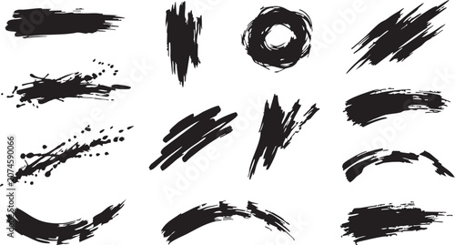 Collection of diverse black brush strokes and splatter textures for artistic design and graphic elements