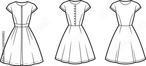 Bild auf Leinwand Fashion technical sketch of women short sleeve dresses featuring buttoned bodice