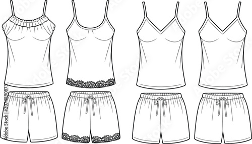 фотографія Fashion technical sketch of women sleepwear sets including camisole tops and paj