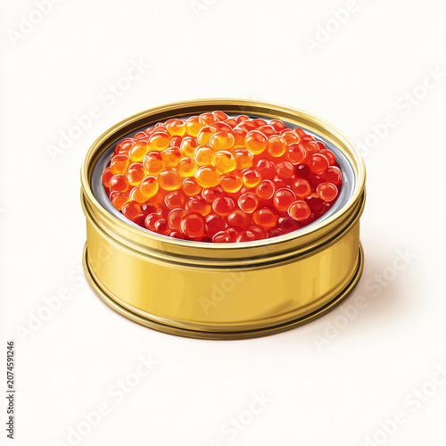 Golden tin canister filled with translucent red caviar pearls for gourmet presentation