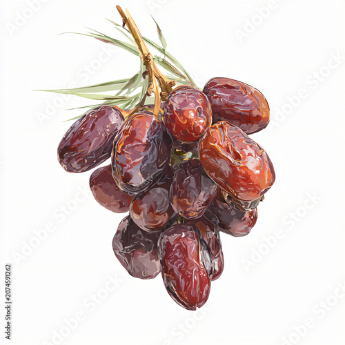 Fresh Organic Medjool Dates Clustered on Stem with Natural Green Leaves Illustration