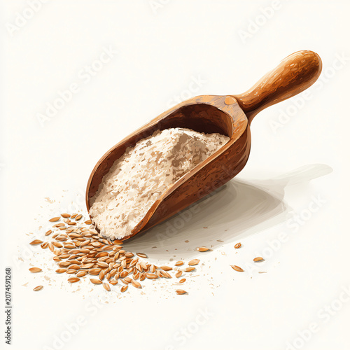 Wooden scoop filled with whole grain wheat flour and scattered wheat kernels on light surface