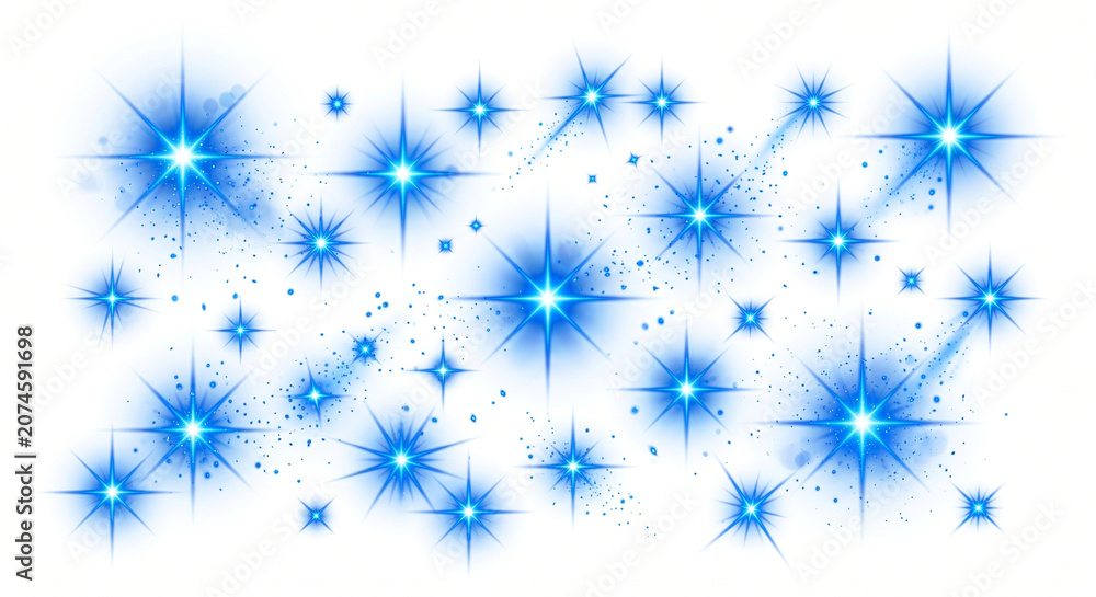 Fototapeta premium Ultra realistic blue star sparkles set, glowing light effects, isolated on white background.