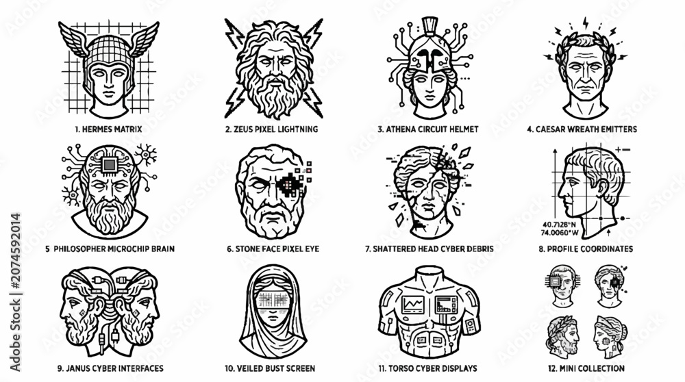 Obraz premium Set of Greek Mythology Gods and Goddesses Reimagined as Cyberpunk Cyborg Characters in Line Art Style.