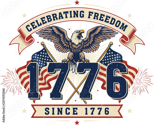 Vibrant patriotic eagle emblem with American flags and fireworks on white background celebrating US freedom and independence