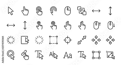 Foto Click and cursor outline icon set with mouse pointer and UI interaction symbols