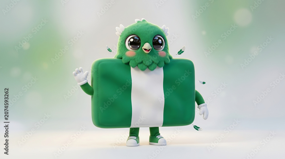 Fototapeta premium Cute green mascot character with white stripe representing Nigeria flag waving arms in festive Copa do Mundo celebration scene