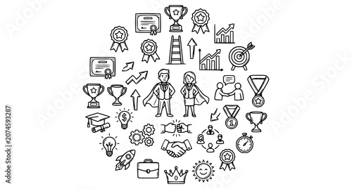 Tableau sur toile Modern business success doodle icon collection with career and leadership symbol