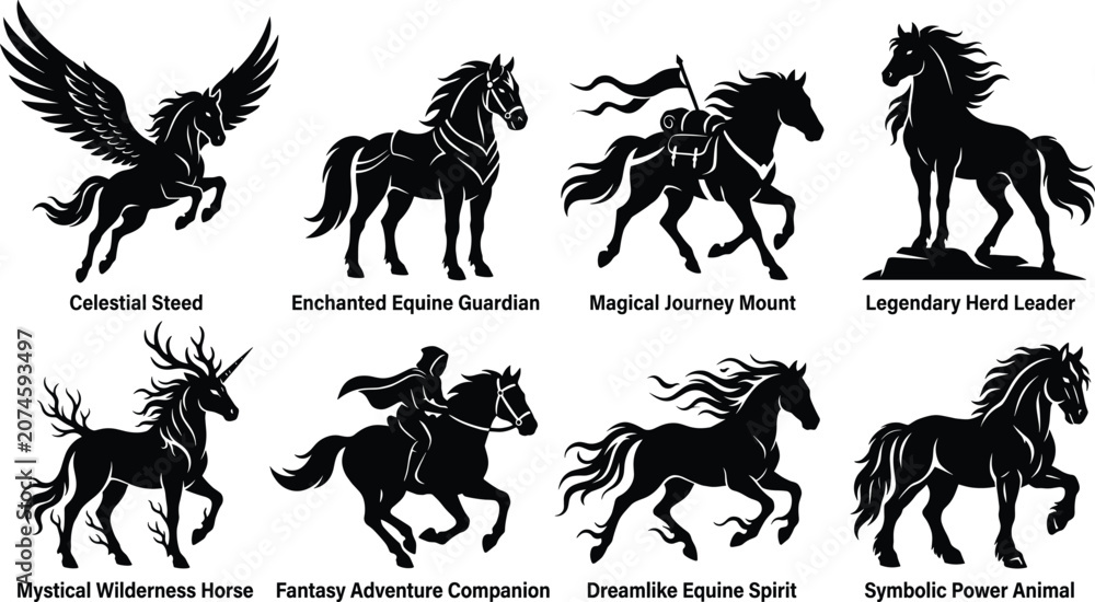 Obraz premium Fantasy Horse Silhouette Collection Featuring Mythical Equines Magical Mounts and Legendary Creatures