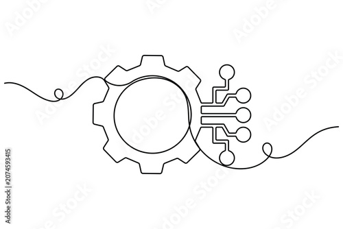 Engineering automation gear icon sign continuous one line drawing on white background minimalist analysis increase database symbol doodle illustration