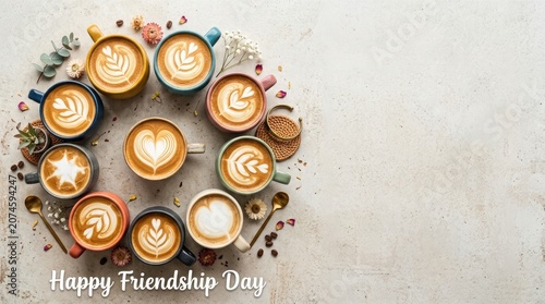 Diverse Latte Art Cups for Friendship Day Celebration with Copy Space