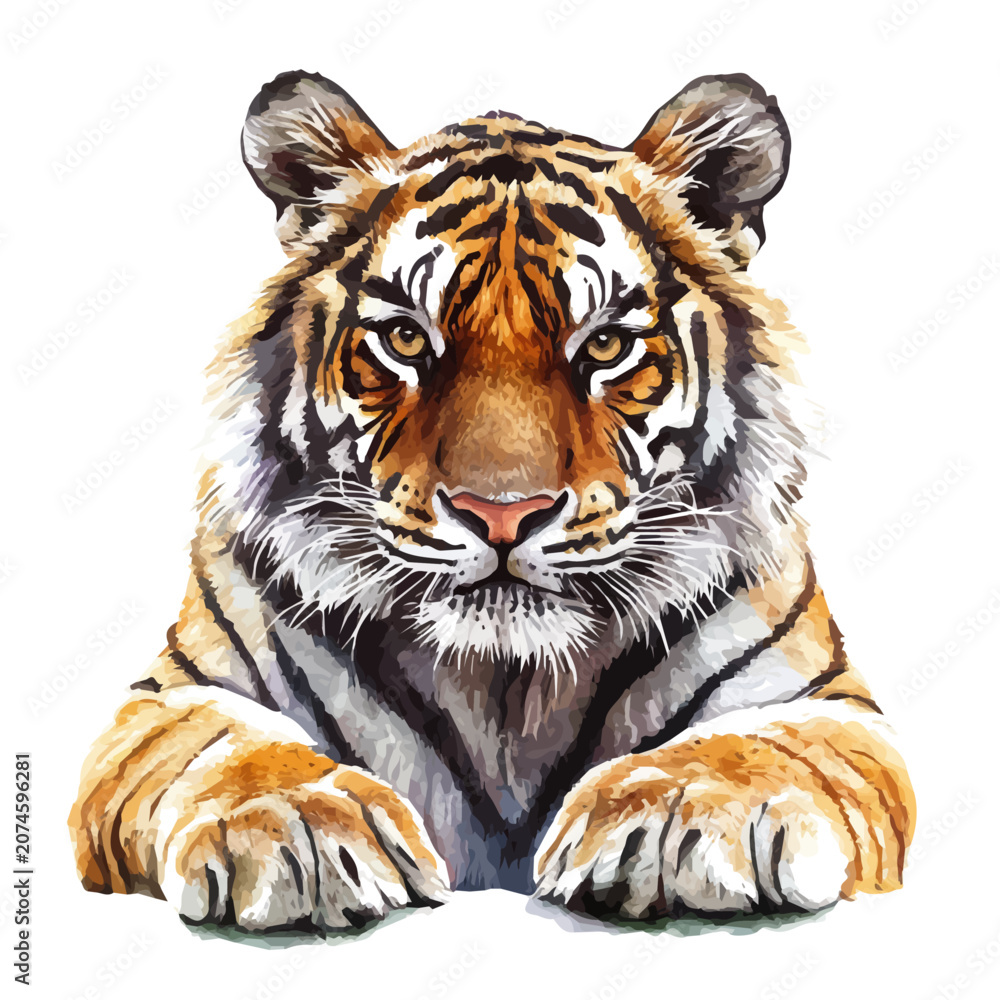 Obraz premium Tiger, beautiful watercolor illustration with vivid colors and detailed vector style, isolated on a white background.