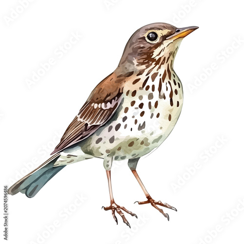 Thrush, charming watercolor vector with soft tones and graceful design, isolated on a white background.