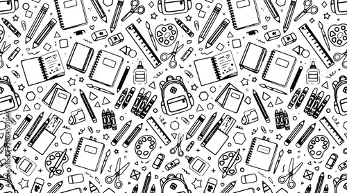 Seamless pattern of various school and art supplies, handdrawn