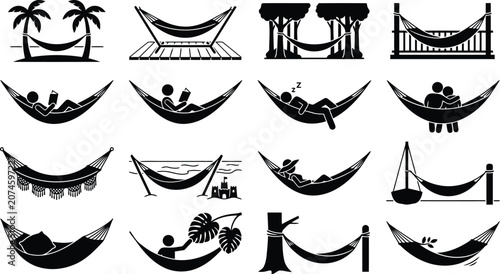 Schilderij op canvas Relaxing in hammocks outdoor recreation and leisure time silhouette icon collect