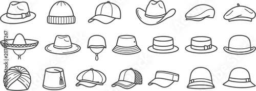 Fotografie Assorted professional and casual headwear fashion icons in simple line art style