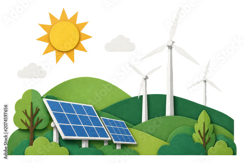 Fotografía Papercraft energy landscape with solar panels and wind turbines