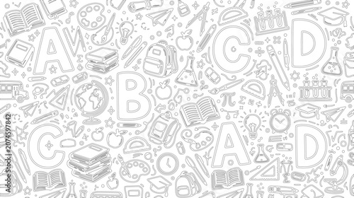 Seamless pattern with school supplies and education icons