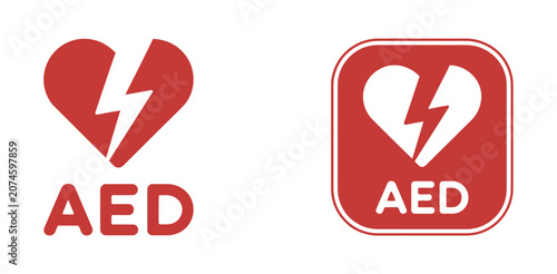 Foto AED emergency medical icon banner, automated external defibrillator symbol with cardiac rescue equipment for healthcare safety and warning design