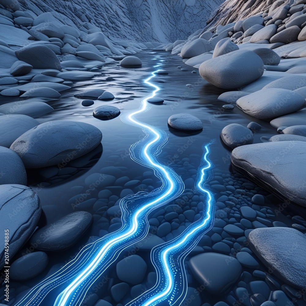Obraz premium Crystal Mountain River with Futuristic Digital Data Flow