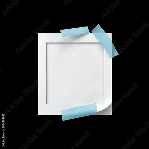 Minimalist Square White Paper Frame Mockup Secured with Light Blue Adhesive Tape Isolated on a Solid Black Background