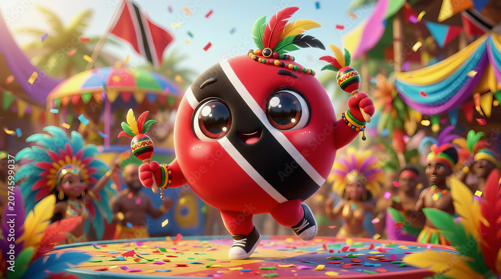 Obraz premium Cute red mascot with black and white diagonal stripe dances in colorful carnival setting