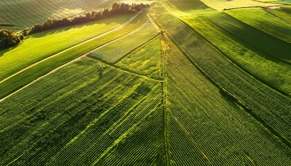 aerial view of green fields creating geometric patterns in rural landscape